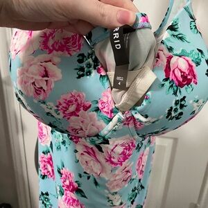 Size 4 26/28 Swim Dress Cyan with a floral hot pink print